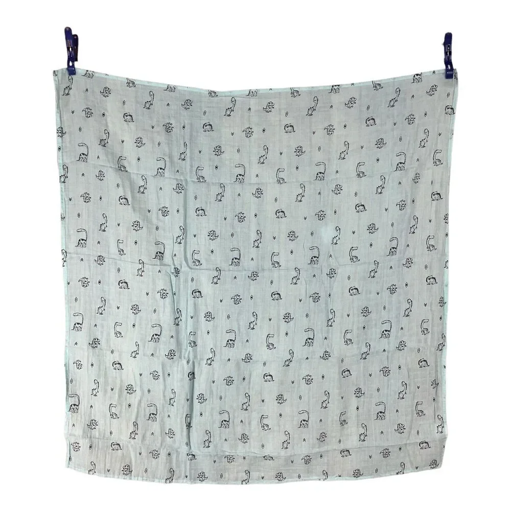 Okie Dokie Blue Dinosaur Muslin Swaddle Baby Blanket 100% Cotton